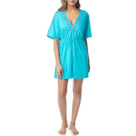 Coco Reef Embroidered Trim V-Neck Caftan/Coverup with Tassel Tie - Picture 1 of 10